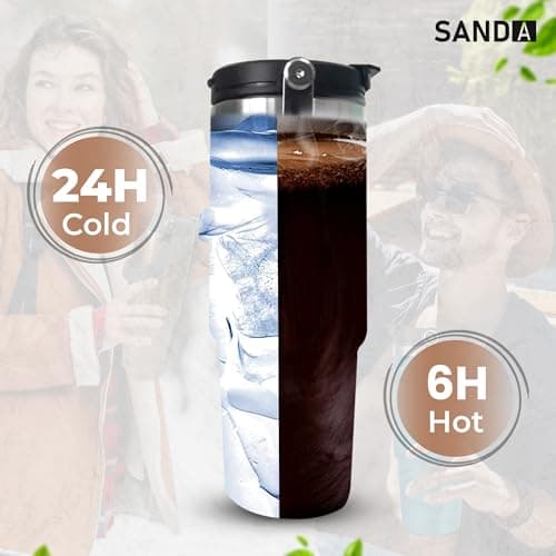 Sanda Rose Gold Travel Mug with Handle 30oz 900ml Double Wall Stainless Steel Insulated Water Bottles Tumbler with Straw 2-in-1 Leakproof Lid for Cold and Hot Drinks Portable Travel Coffee Mug — view 5