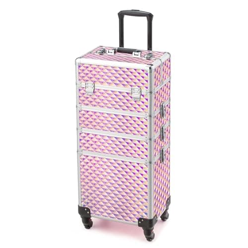 Bonnlo 4 in 1 Rolling Makeup Train Case, Aluminum Makeup Travel Organizer Cosmetic Case, Cosmetology Display Suitcase on Wheels, Beauty Storage Luggage Lockable w/4 Removable Wheels - Pink
