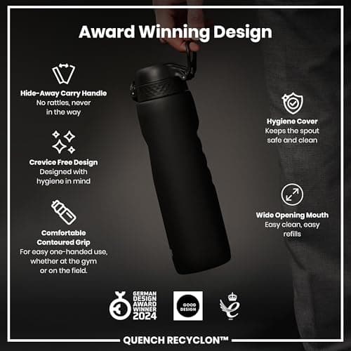 ION8 1 Litre Water Bottle, Leak Proof, Flip Lid, Carry Handle, Rapid Hydration, Dishwasher Safe, BPA Free, Contoured Grip, Ideal for Travel, Gym & Activity, Carbon Neutral Recyclon, 32 oz, Black — view 6