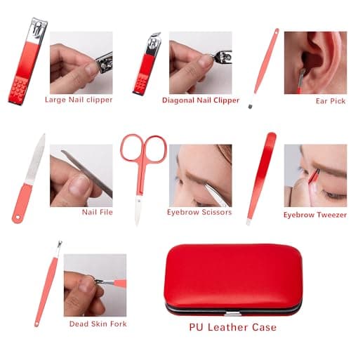 Manicure Set Nail Clipper Set Women Men Stainless Steel Toe Finger Nail Clippers Kit Personal Care Tools with Portable Travel Case Manicure Tools Grooming Kit for Women Men Friends(Red) — view 2