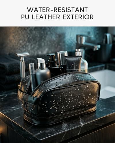 Approved Vegan Leather Toiletry Bag for Men, Travel Essentials Shaving Dopp Kit with 180° Drop-Bottom Opening, Compact Grooming Organiser for Business Trips and Gym — view 2