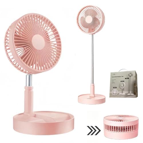 Portable Foldable Fan, 3-in-1 Rechargeable Pedestal & Desk Fan, 7200mAh Battery, Foldable Standing Fan, 39" Height Adjustable, 4 Speeds Quiet Telescopic Fan, USB Cordless Fan for Home, Camping (Pink)
