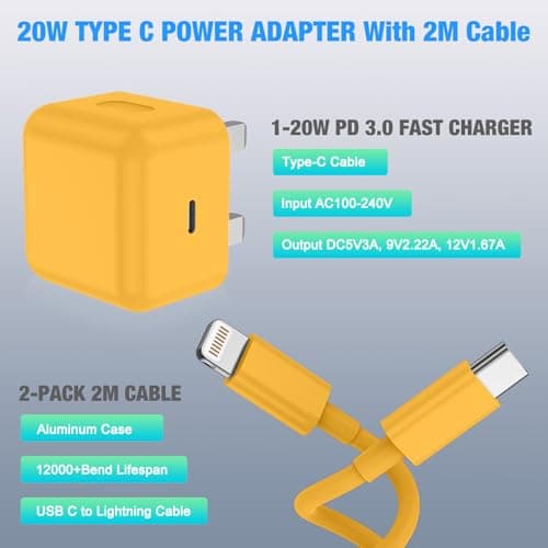 KTDRJN for iPhone Charger, 2Pack PD20W Fast Apple Charger 3.0A, iPhone charger fast charge with USB C To Lightning Cable 2M for iPhone 14 13 12 11 Pro Max XS XR X 8 7 6 Plus 5, iPad and iPod-Yellow — view 5