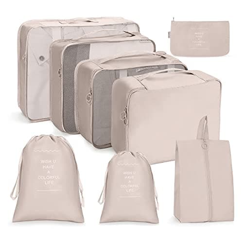 OSDUE Packing Cubes for Suitcase, 8 PCS Travel Organiser Packing Bags Lightweight Waterproof Luggage Packing Organizers for Clothes Shoes, Travel Accessories, Beige