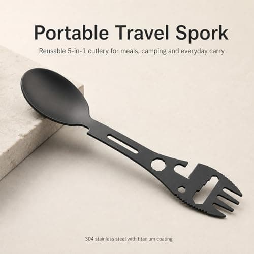 Travel Cutlery Set, 3 Pack Titanium Coated Spork Reusable Portable Camping Utensil, Bottle Can Opener Outdoor Spoon Fork Eating Multi-Tool for Hiking — view 3