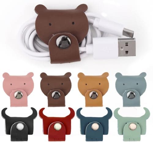 KEUKORZ 8Pcs Cute Animal Shaped Cord Organizers, PU Leather Cable Straps Clips Winders in Bear and Bull Designs for Earphones and Charging Cables Home Office