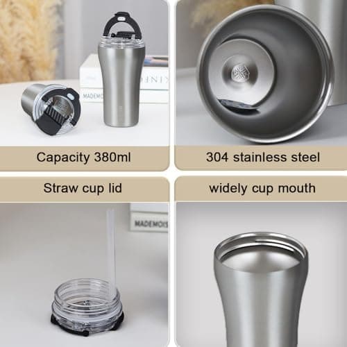HHZalvyre Insulated Coffee Cup with Leakproof Lid – 380ml Stainless Steel Travel Mug, Vacuum Double-Walled Thermal Tumbler for Hot & Cold Drinks, BPA-Free (Silver) — view 3
