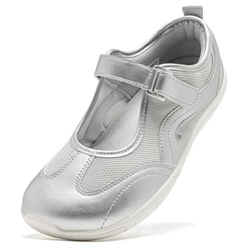 HOBIBEAR Barefoot Shoes Women Wide Toe Box Mary Jane Flat Slip on Ballet Shoes Comfortable Walking Shoes with Zero Drop Sole Silver
