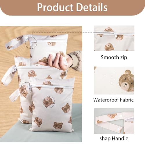 KASESSS 3 Pcs Bear Pattern Nappy Bags, Waterproof Wet Dry Bags, Travel Laundry Bag, Wet Bag for Swimming, Reusable Organiser Nappy Pouch for Baby Items for Travel, Beach, Camping, Swimming, Gym — view 3