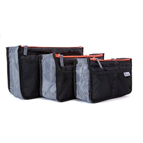 Periea 'Chelsy' Set of 3 Handbag Organiser Inserts - Women's Travel Cosmetic Bags with Zipper Closure - Expandable Liner Pouches (Small, Medium and Large) - Black with Neon Coral Zip