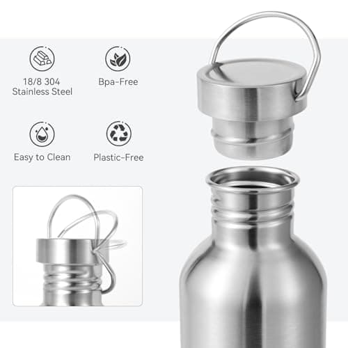 Volhoply 600ml Uninsulated Single Walled Water Bottle 4 Pack, Stainless Steel Reusable Water Bottles with Handle, BPA Free & Plastic Free 18/8 304 Metal Water Bottles for Camping, Hikers, Cyclists — view 3