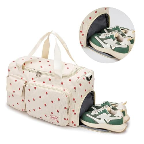 Corduroy Strawberry Sports Duffel Bag,Gym Bag with Shoe Compartment & Wet Pocket,Cute Travel Bag Weekend Bag Dance Bag for Girls (White) — view 6