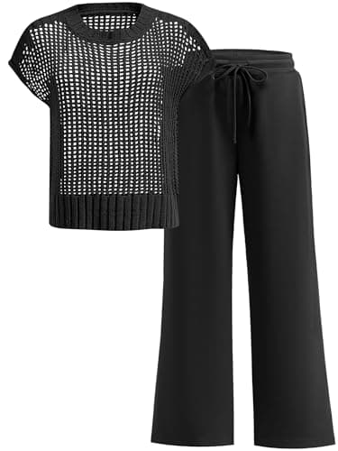 OUKODS Women Two Piece Outfits Crochet Sheer Knit Sweater Top Wide Leg Pants Lounge Matching Sets Sweatsuit Travel Clothes, Black, Medium