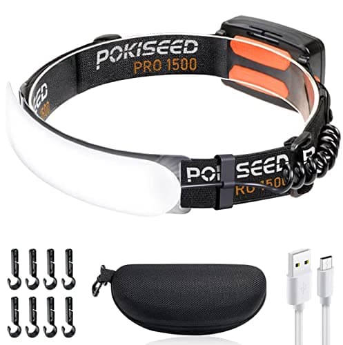 POKISEED 1500 Lumens Rechargeable Head Torch with 230° Wide Beam, 3 Brightness Modes, IPX6 Waterproof LED Headlamp for Running, Camping, Fishing, Hard Hat Work