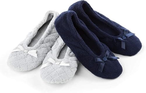 Isotoner Women's 2 Pack Mictroterry Ballerina Slipper with a Satin Bow, Light Grey Quilted, Navy Blue Solid, 6.5-7.5