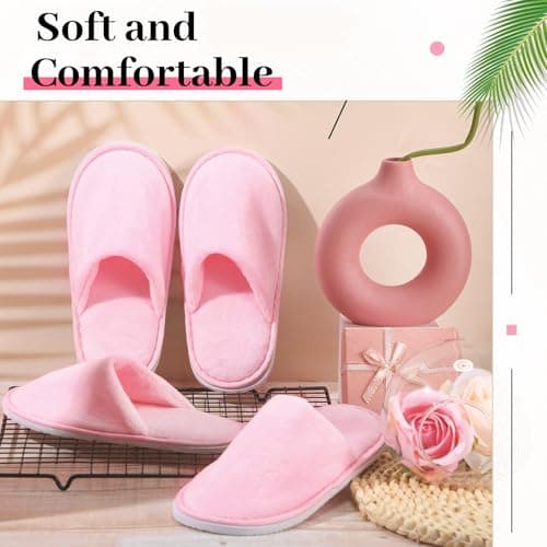 Twistover 12 Pairs Disposable Slippers for Kids Closed Toe Non-Slip Spa Slippers Soft Winter Warm Flip Flops for Boys Girls Travel Hotel Party Indoor Outdoor, Pink, Small — view 5