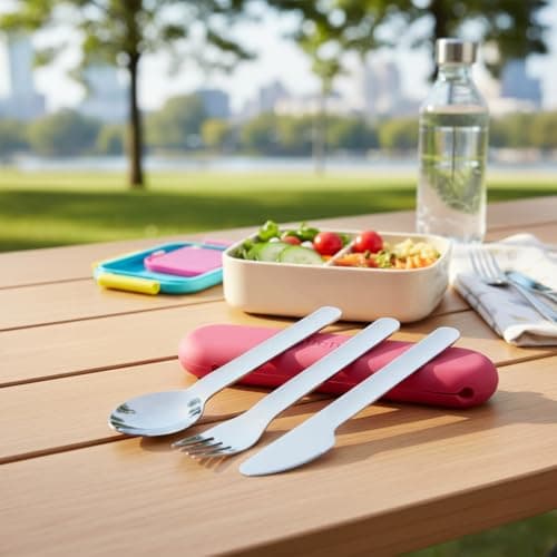 Kichna Travel Cutlery Set with Silicone Case – Reusable Knife Fork Spoon Set, Stainless Steel Portable Utensils for Lunch Box, Work, Camping & Travel – Dusty Berry Red — view 2