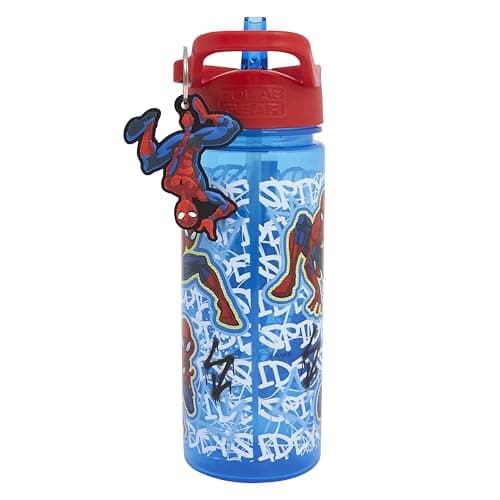 Polar Gear Spiderman Kids 500ml Water Bottle with Straw - Back to School Boys Water Bottle with Spiderman Keyring Charm, Blue & Red — view 4