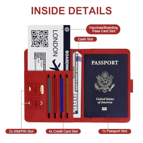 OFFCUP Passport Holder Cover, PU Leather Passport Cover and Luggage Tag Set with RFID Blocking Travel Wallet, Universal Travel Wallet Case Organiser for Money, Boarding Passes, Credit Cards Red — view 4