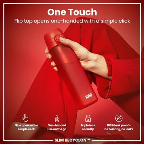 Ion8 Water Bottle, 500 ml/18 oz, Leak Proof, Easy to Open, Secure Lock, Dishwasher Safe, BPA Free, Hygienic Flip Cover, Carry Handle, Fits Cup Holders, Easy Clean, Carbon Neutral, Red — view 3