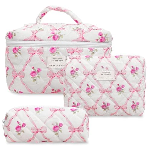 Aucuu 3PCS Coquette Makeup Bag, Quilted Makeup Bag for Women, Floral Cotton Cosmetic Bag Set, Large Capacity Aesthetic Floral Toiletry Bag, Travel Toiletry Bag, Wash Organizer Pouch for Women Girls