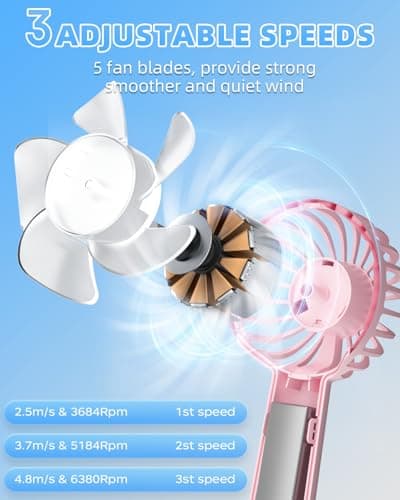 Portable Handheld Fan, Small Personal Hand Fan with 3 Speeds 1800mAh USB Rechargeable, Mini Hand Held Fan for Makeup Eyelash, Travel Gifts for Girls Women Kids — view 2