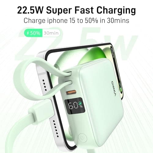 VINKO Small Power Bank with Built-in Cable,10000mAh Fast Charging Power Bank, 22.5W USB C Portable Charger, Mini Battery Pack for iPhone 16 15 14 13 Samsung Galaxy Google Android (Green) — view 3