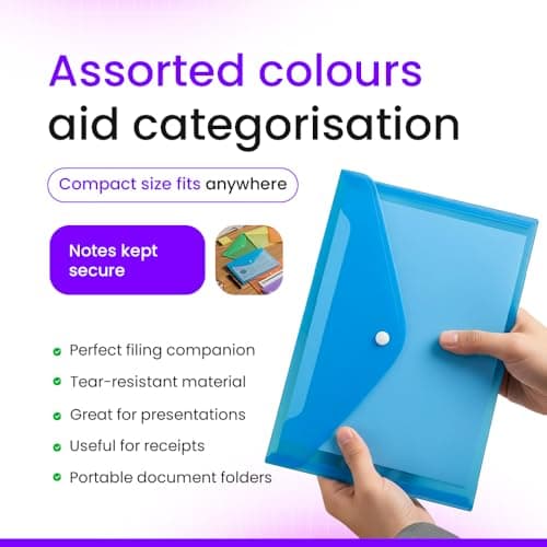 Plastic Document Wallets A5 File Folder 6 Pack with Stud Fastener Button - Assorted Colour Ideal for Office, School and Personal Uses — view 4
