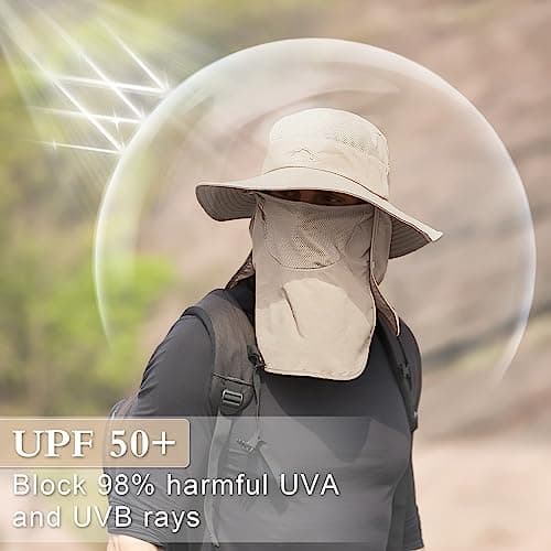 TAGVO Wide Brim Sun Hat with Detachable Neck Face Flap, Outdoor UPF 50+ Protection Fishing Hats, Camping Hiking Walking Travel Sun Bucket Hats Cap Foldable Sun Caps with Adjustable Chin Strap Beige — view 2