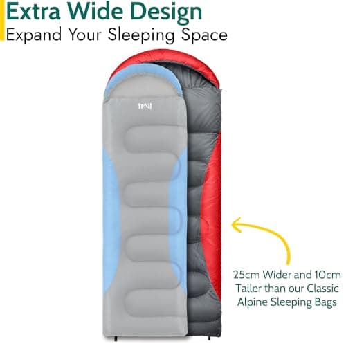 Trail Alpine 250 XL Sleeping Bag with Hood (L230cm x W100cm), Large Extra Wide Envelope Sleeping Bag, 2 to 3 Season Camping, Lightweight, Water Resistant, Soft Polycotton Liner, Compression Bag (Red) — view 2