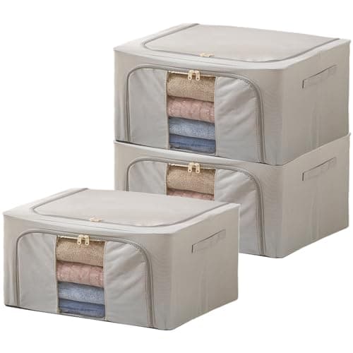 Goesort 3 Pack Clothes Storage Boxes with Steel Frame Support, 22L Moving Bag Wardrobe Storage Organiser Packing Boxes for Moving House with Clear Windows for Towel Duvet Sweater Bedding, Grey