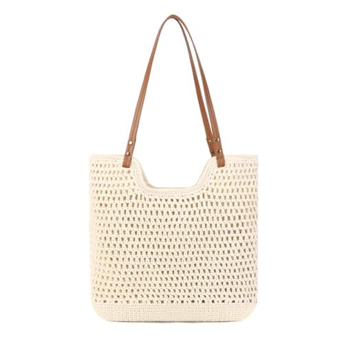 GLITZALL Beach Tote Bag for Women Cotton Rope Woven Shoulder Bag, Large Crochet Summer Handbag with with Faux PU Handles, Lightweight Travel Shopper Bag for Holiday Beach Shopping Everyday