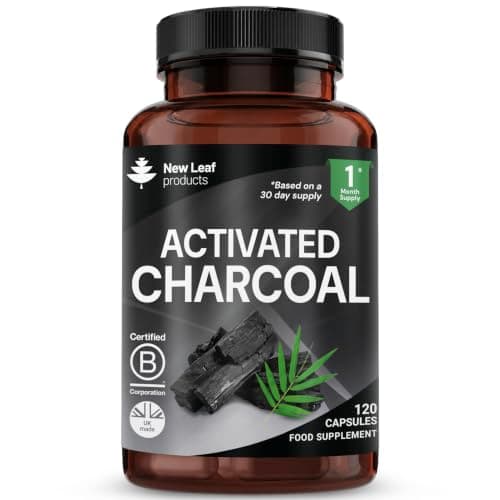 Activated Charcoal Capsules - 120 High Strength Activated Charcoal Tablets Alternative - 1040mg Per Serving, Helps Reduce Excessive Flatulence After Eating - Made in UK By New Leaf