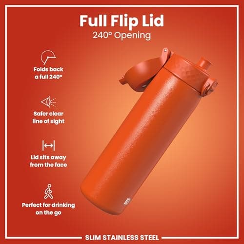 Ion8 Lightweight Steel Water Bottle, 600 ml/20 oz, Non-Insulated, Leak Proof, Easy to Open, Secure Lock, Dishwasher Safe, Flip Cover, Fits Cup Holders, Carry Handle, Metal Water Bottle, Hearty Orange — view 4