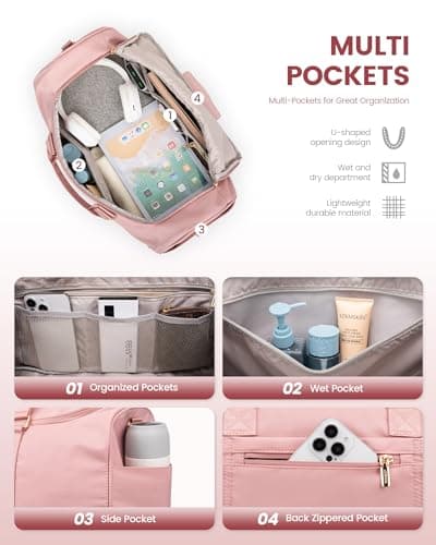 LOVEVOOK Travel Hospital Bag for Women, 50L Large Weekend Overnight Holdall Duffle With Toiletry Bag, Shoe Compartment & Wet Pocket, Waterproof Gym Yoga for Sports Flight, Pink — view 3