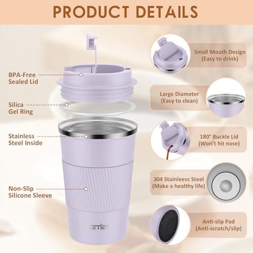 KETIEE Travel Mug Insulated with Leakproof Lid, Reusable Double Walled Coffee Cup, Stainless Steel for Hot Cold Drinks, 380ml Light Purple — view 2