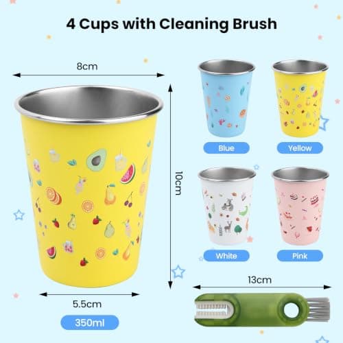 GEEKHOM Set of 4 Stainless Steel Cups for Kids, 350ml Reusable Children’s Metal Cups with Cleaning Brush, Tumblers with Fun Cartoon Prints, Perfect for Home School Camping Travel (4 Colors) — view 2