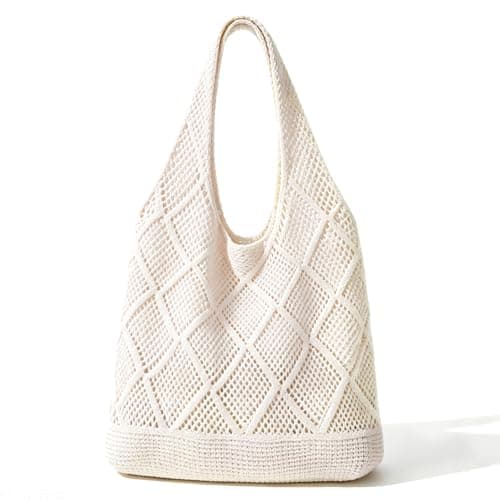 TIECHI Woven Beach Bag - Retro Hollow Crochet Tote Bag for Women, Summer Boho Mesh Beach Bags for Holiday Daily Work Shopping Travel (Beige)