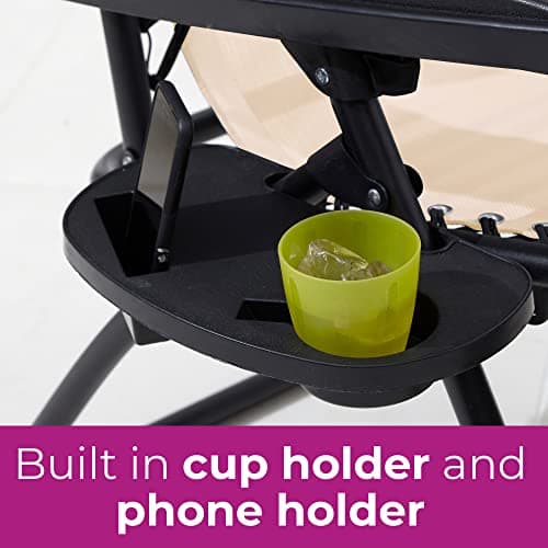 Neo 3pcs Folding Portable Zero Gravity Chairs Sun Lounger Table Set Cup Holders Reclining Garden Patio Outdoor Camping (Cream) — view 6
