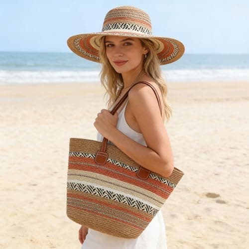 Kouoybt Women Straw Tote Bag and Straw Hat Set Striped Beach Hat and Bag Set Large Capacity Shoulder Bag (Style 3, One Size) — view 3