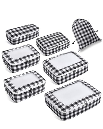 ECOHUB Packing Cubes for Suitcase 7 PCS, Suitcase Organiser Bags with Shoes Bag, Recycled Travel Organiser Packing Bags for Backpack, Rip-stop Mesh Luggage Packing Organizers, Checkered