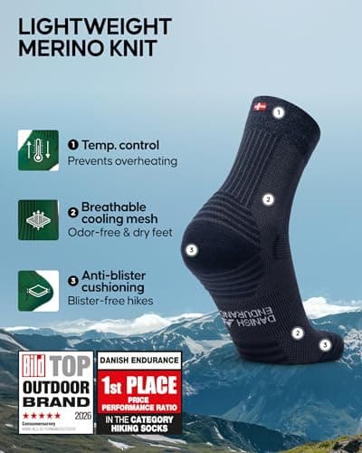 DANISH ENDURANCE Walking Socks Merino Wool Lightweight, Hiking Socks, for Men & Women, Unisex, 3 Pack, Multicolour (1x Black, 1x Grey, 1x Navy), 6-8 — view 2