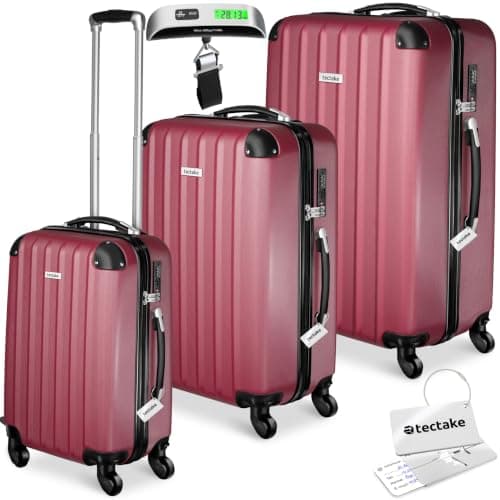 tectake® 3-Piece Hard Shell Suitcase Set in Durable & Shock-Resistant ABS with 3-Step, Telescopic Handles, Combination Locks, Smooth 360° Wheels, Luggage Scale & Tags, Dividable Interiors - Burgundy