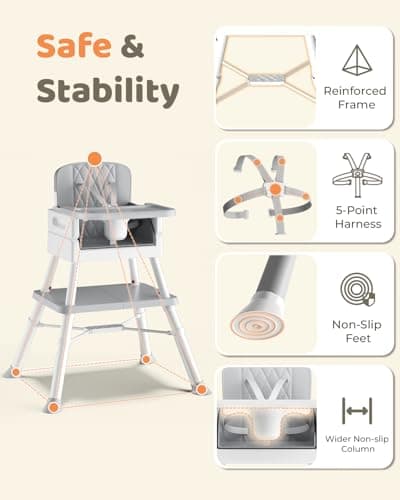 COOSEYA Baby High Chair, 6-in-1 Convertible Baby High Chair for Babies and Toddlers, Multi-Use Adjustable Feeding Chair with Removable Tray, 5-Point Safety Harness, Classic Grey (6 M-3 Y) — view 6