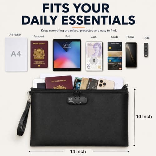 FIREDOG Fireproof Document Bag with Lock, Fireproof Waterproof Money Bag Safe Storage Pouch for A4 Documents, File,Cash and Valuables(Black, 14"x10") — view 6