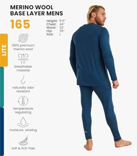 100% Merino Wool Base Layer Men Set - Thermal Underwear Mens + Hiking Socks (XX-Large, 165 LITE Denim Blue) — view 2