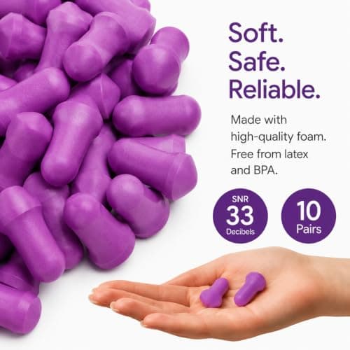 EarHub Sleepwell Soft Foam Earplugs, Hearing Protection 33dB, Ear Plugs Best Used for Sleep, Also Used for Travel, Work, Study & Concerts, Purple, 10 Pairs — view 4