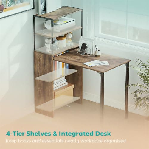 HOMCOM Folding Computer Desk with 4-Tier Bookshelf Study Table Rustic Brown — view 5