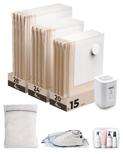 BAGSMART Travel Vacuum Bags for Suitcase & Home, 15 Pack with Wireless Pump