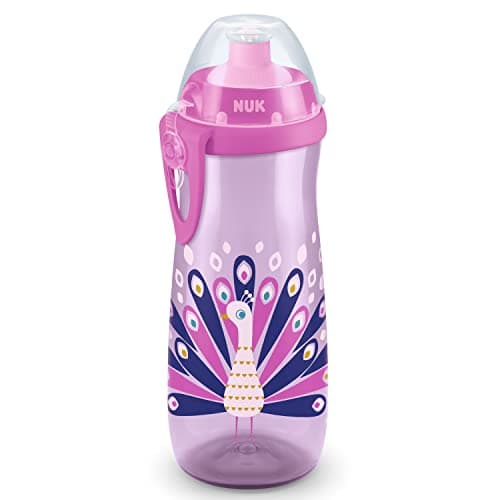 NUK Sports Cup Toddler Cup with Chameleon Effect | 24+ Months | 450 ml | Leak-Proof, Easy-Open/Close Push-Pull Spout | Colour Changing | Clip & Cap | Peacock (Pink)